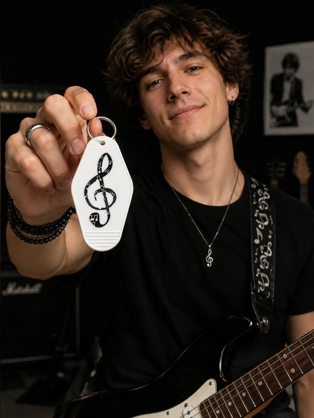 Retro Motel Keychain White Black Treble Clef Music Note